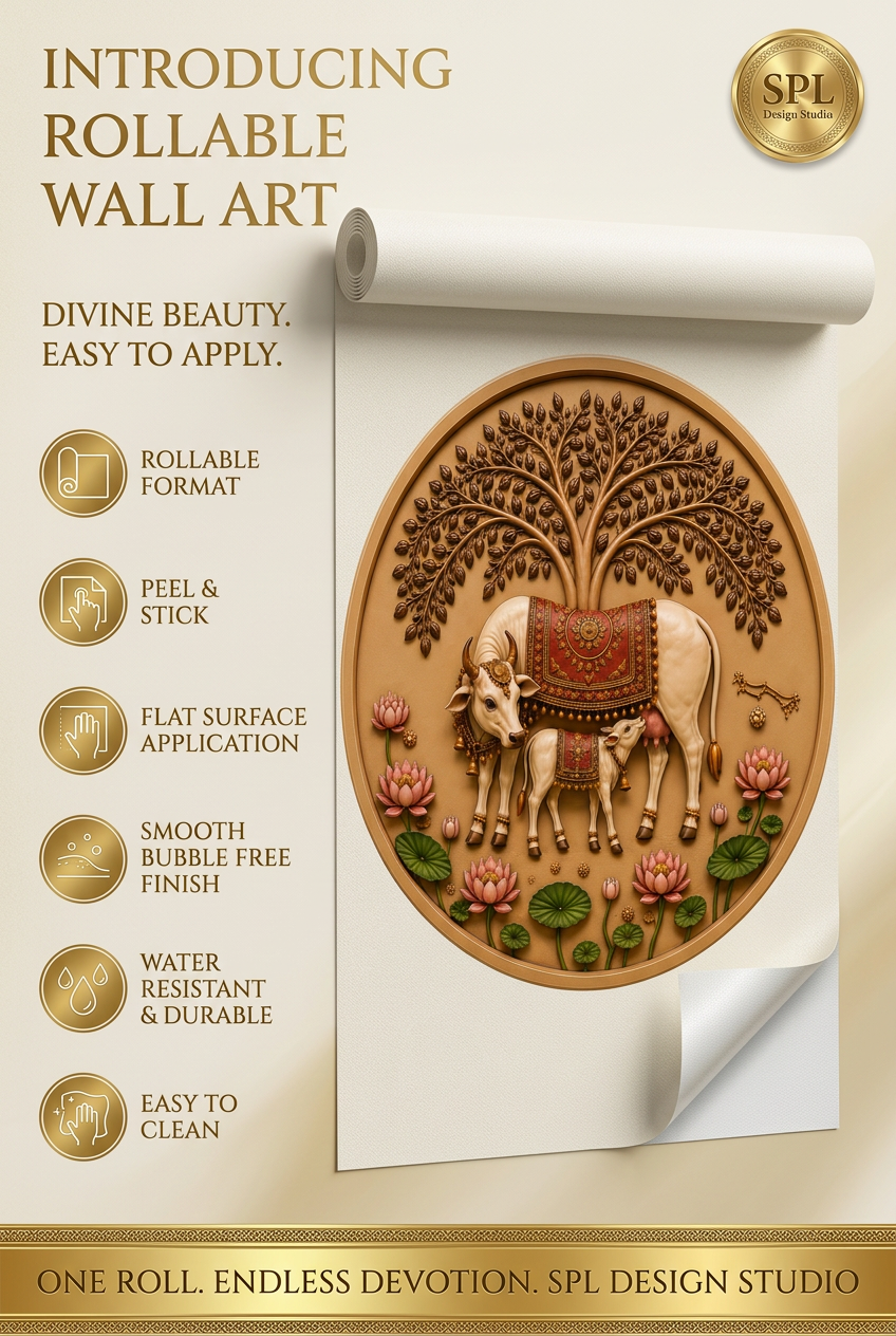 SPL Kamdhenu Cow & Calf Round Rollable Wallpaper — SPL Premium Wallpaper