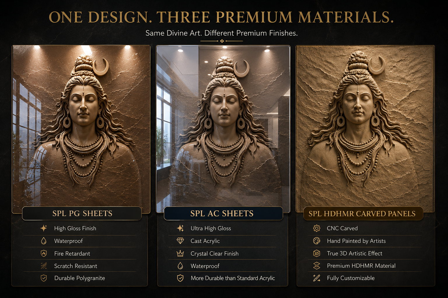The same Shiva design shown side by side in SPL 3D PG Sheet, SPL 3D AC Sheet and SPL 3D HDHMR Carved Panel finishes